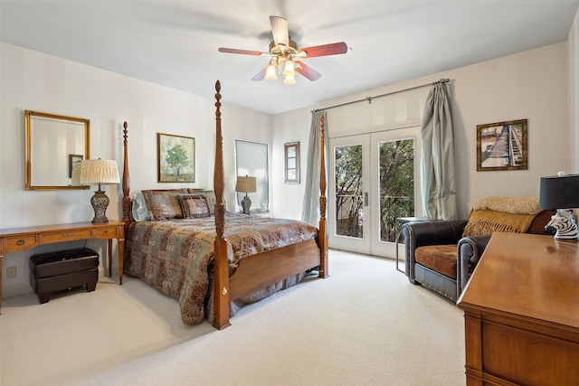 bedroom with ceiling fan, access to outside, light colored carpet, and french doors