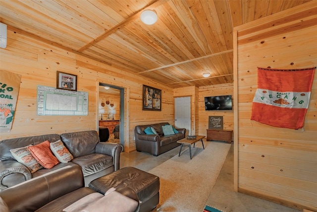 living room featuring wood ceiling and wood walls