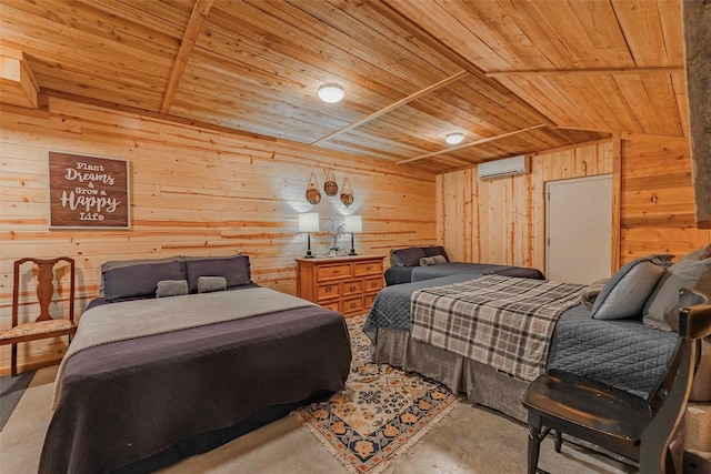 bedroom featuring wood ceiling, vaulted ceiling, wood walls, and a wall mounted air conditioner