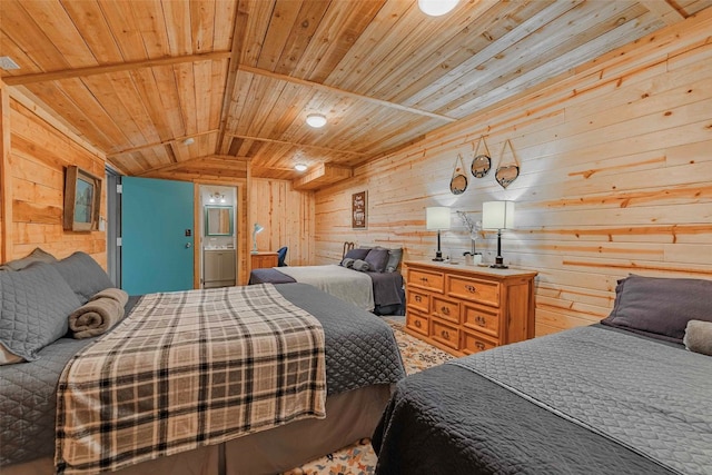 bedroom featuring wooden walls, wooden ceiling, and vaulted ceiling