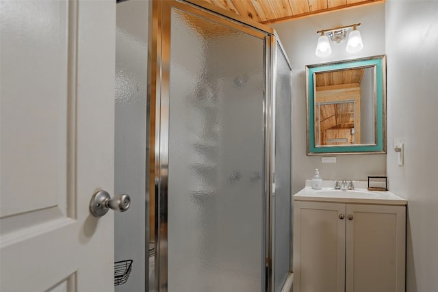 bathroom with wood ceiling, vanity, and a shower with shower door