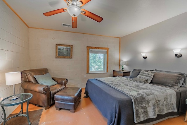 bedroom with concrete floors and ceiling fan