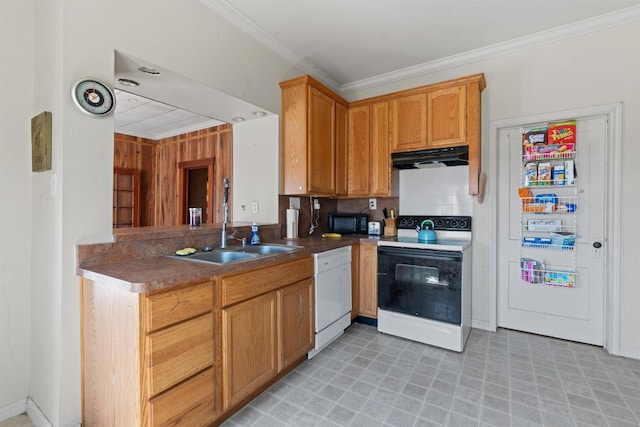 kitchen with backsplash, white appliances, sink, and light tile floors