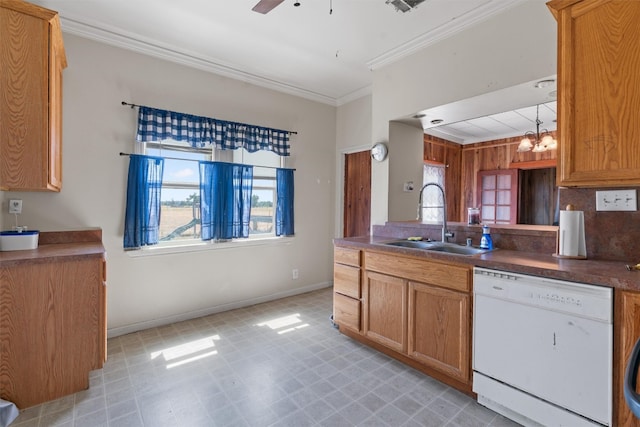 kitchen featuring decorative light fixtures, light tile flooring, ceiling fan with notable chandelier, white dishwasher, and sink