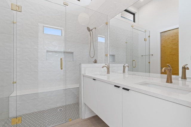 bathroom featuring vanity and a shower with shower door