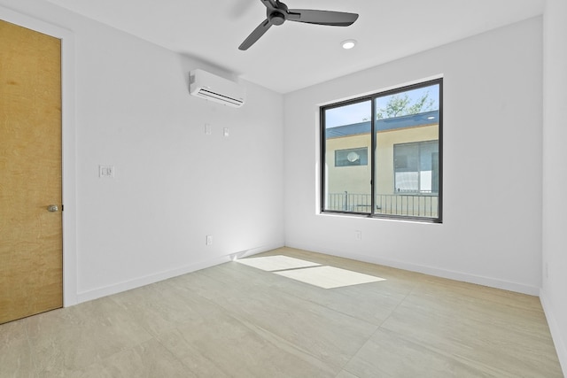 unfurnished room featuring ceiling fan and a wall mounted air conditioner