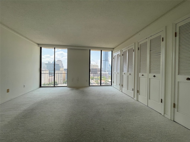 interior space with light colored carpet, floor to ceiling windows, and a textured ceiling