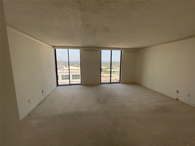 carpeted empty room featuring floor to ceiling windows and a textured ceiling