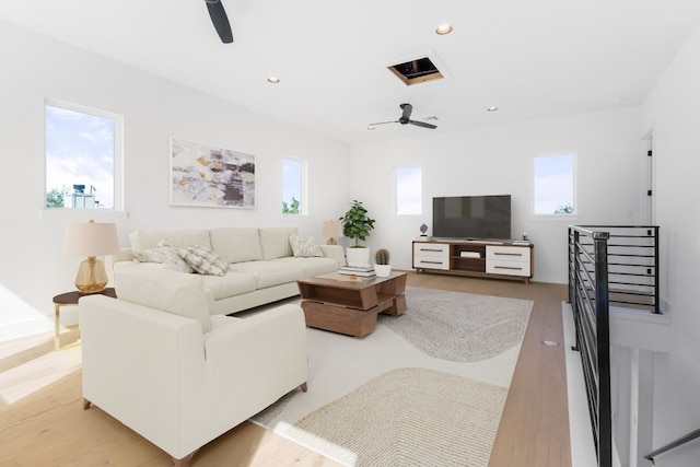 living room featuring ceiling fan and light hardwood / wood-style floors