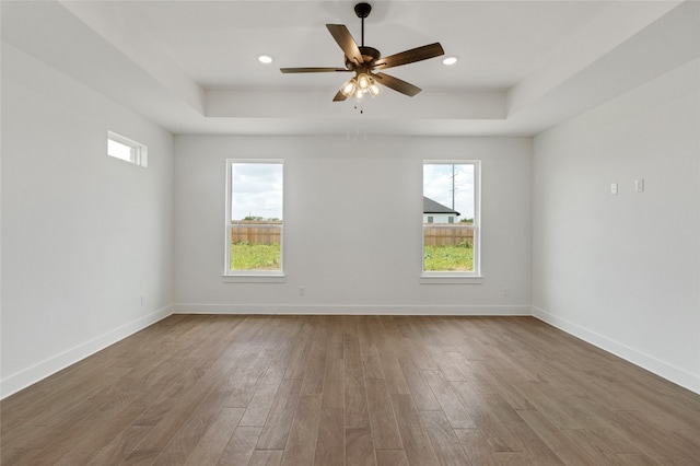 spare room with wood-type flooring, a wealth of natural light, and a tray ceiling