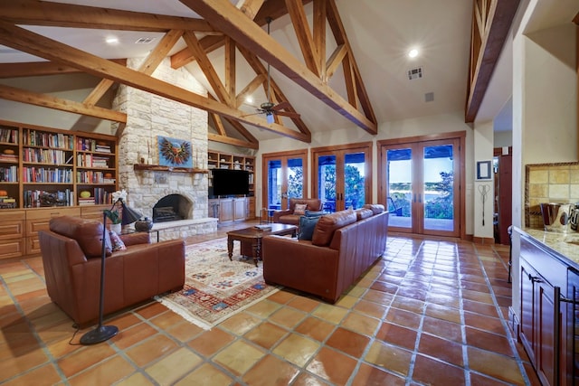 living room featuring tile flooring, high vaulted ceiling, beam ceiling, and a fireplace