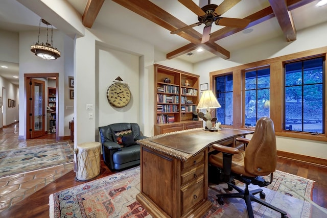 tiled office featuring ceiling fan, beamed ceiling, and french doors