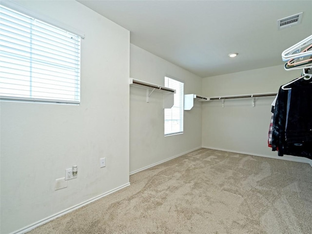 walk in closet with light colored carpet