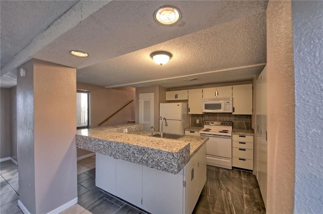 kitchen featuring kitchen peninsula, white appliances, white cabinetry, and sink