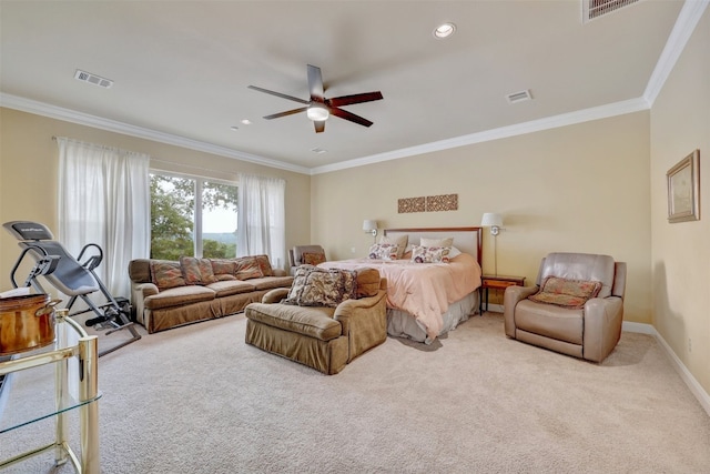 bedroom featuring ceiling fan, ornamental molding, and light carpet