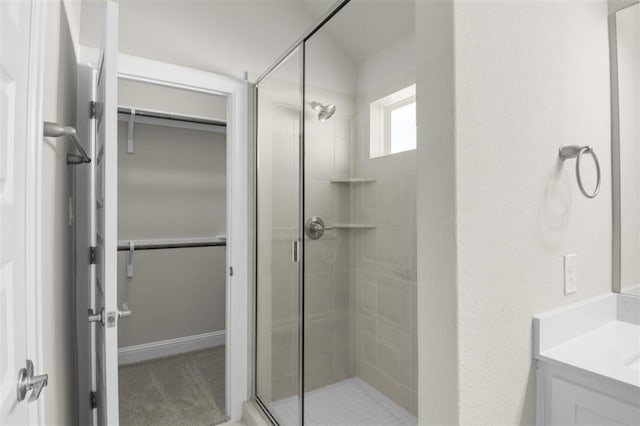 bathroom featuring vanity and a shower with shower door