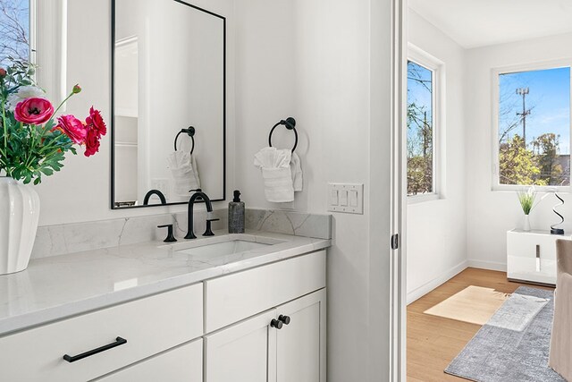 bathroom with hardwood / wood-style flooring and vanity with extensive cabinet space