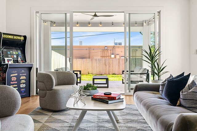 living room featuring french doors, light wood-type flooring, and rail lighting