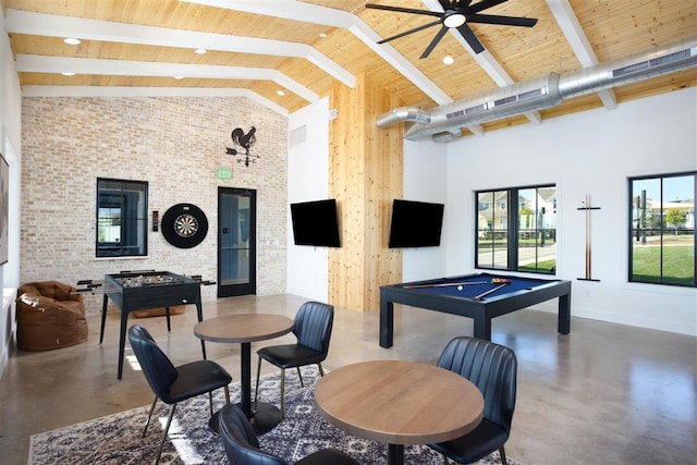 rec room with wood ceiling, high vaulted ceiling, beam ceiling, concrete flooring, and pool table