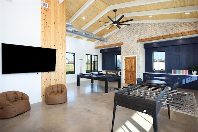 game room with beam ceiling, ceiling fan, high vaulted ceiling, wooden ceiling, and concrete flooring