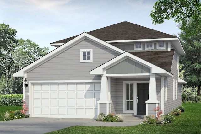 view of front facade with a front lawn, concrete driveway, an attached garage, and a shingled roof