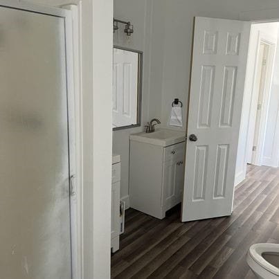 bathroom featuring hardwood / wood-style floors, vanity, and a shower with shower door