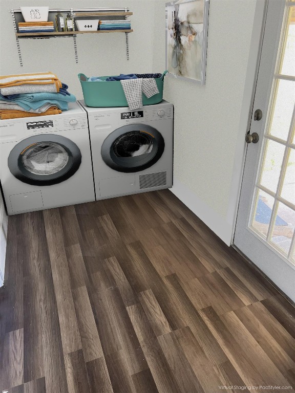 laundry room featuring washer and clothes dryer and dark wood-type flooring