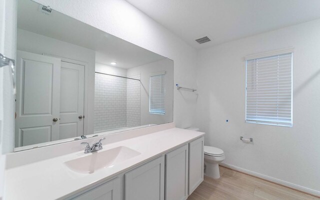 bathroom featuring vanity, wood-type flooring, and toilet