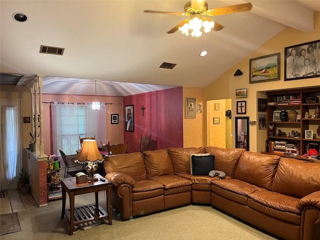 tiled living room with ceiling fan and vaulted ceiling with beams