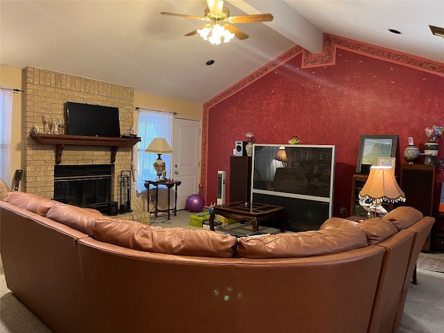 carpeted living room with ceiling fan, a brick fireplace, and lofted ceiling with beams