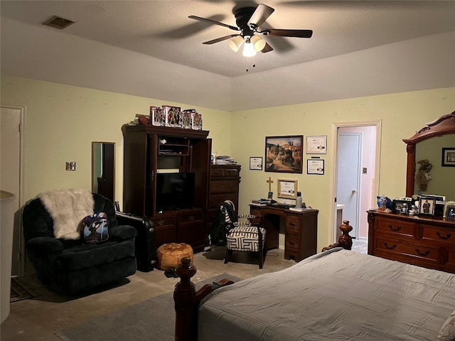 bedroom with light carpet and ceiling fan