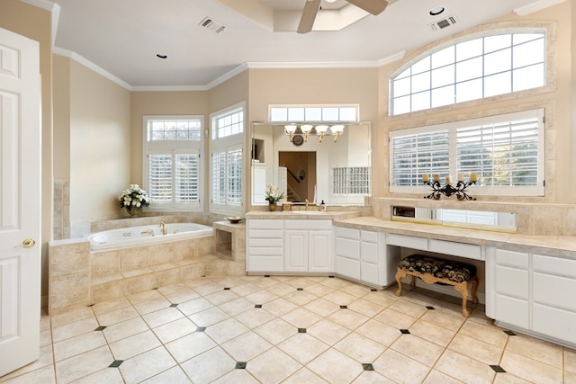 bathroom featuring ceiling fan, ornamental molding, tiled tub, tile flooring, and vanity