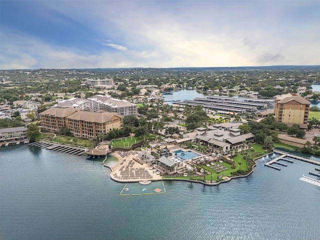 birds eye view of property featuring a water view