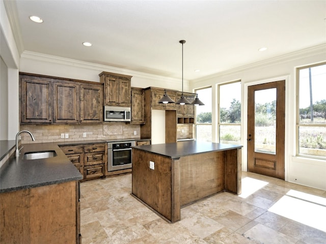 kitchen featuring plenty of natural light, tasteful backsplash, stainless steel appliances, and sink