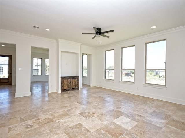 unfurnished living room with crown molding, a healthy amount of sunlight, and ceiling fan