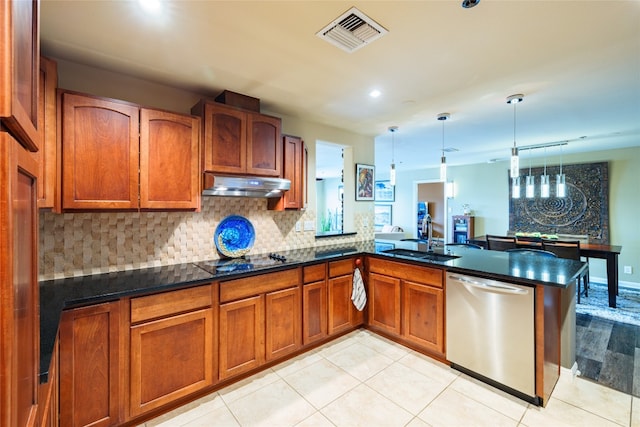 kitchen featuring sink, pendant lighting, kitchen peninsula, and stainless steel dishwasher