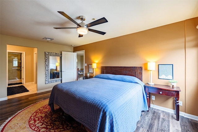 bedroom featuring wood-type flooring and ceiling fan