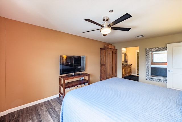 bedroom featuring dark wood-type flooring and ceiling fan