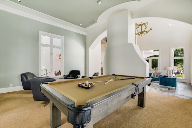 rec room with billiards, french doors, light tile flooring, and ornamental molding