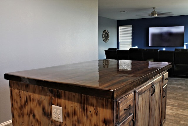 interior space featuring wood counters, wood-type flooring, and ceiling fan