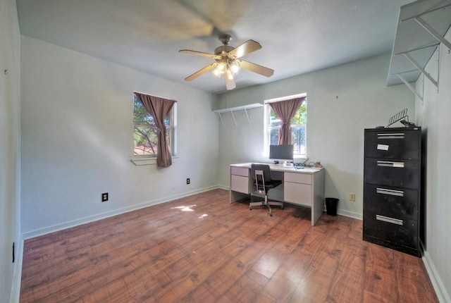 home office with hardwood / wood-style floors and ceiling fan