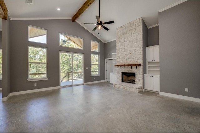 unfurnished living room featuring a fireplace, high vaulted ceiling, ceiling fan, and beamed ceiling