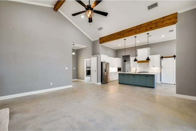 unfurnished living room featuring ceiling fan, ornamental molding, high vaulted ceiling, and beam ceiling