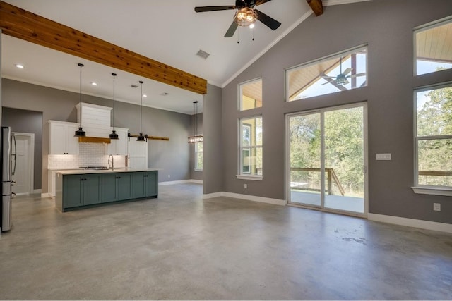 unfurnished living room with ceiling fan, beam ceiling, high vaulted ceiling, and plenty of natural light