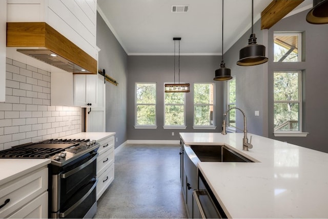 kitchen with white cabinetry, double oven range, and a healthy amount of sunlight