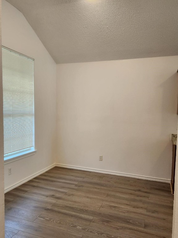 empty room with lofted ceiling, wood-type flooring, and a textured ceiling