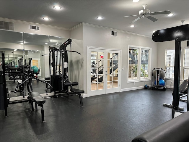 workout area featuring ceiling fan, ornamental molding, and french doors