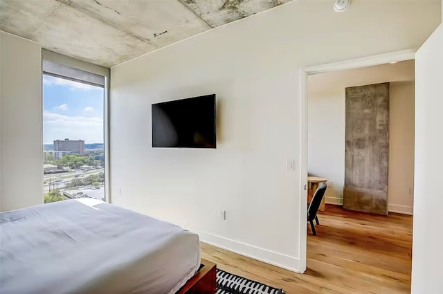 bedroom with light hardwood / wood-style floors and expansive windows