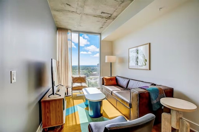 living room featuring a wall of windows and wood-type flooring