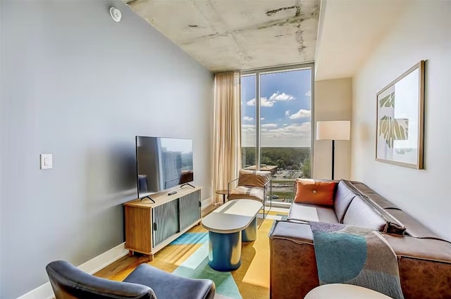 living room featuring a wall of windows